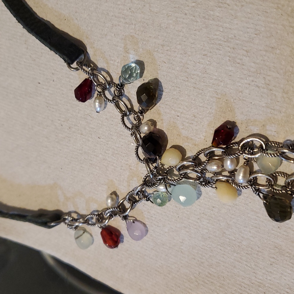 Italy 925 Gemstone And Leather Necklace